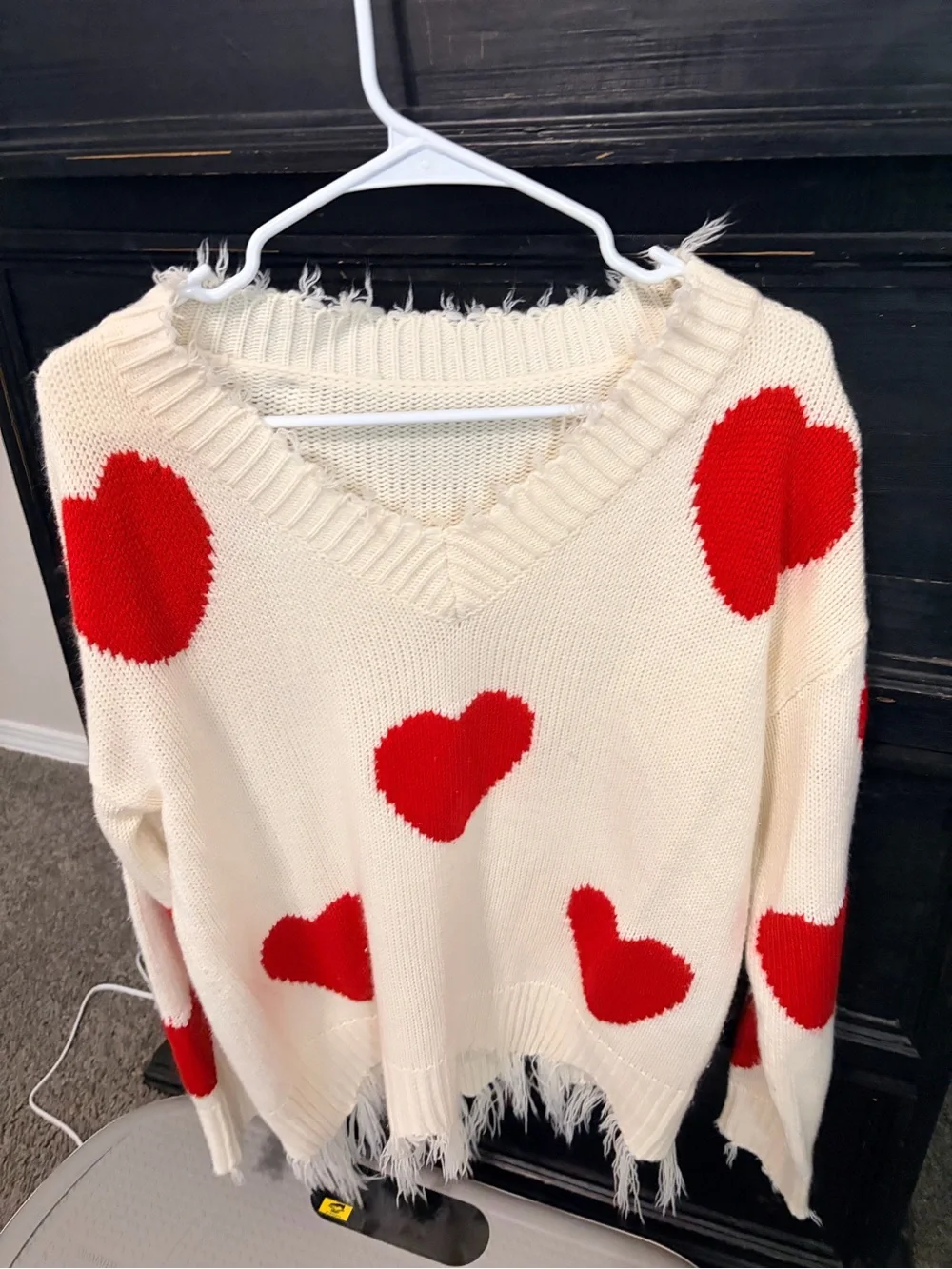 Ivory Red Heart V-Neck Sweater - Charming Women's Knit